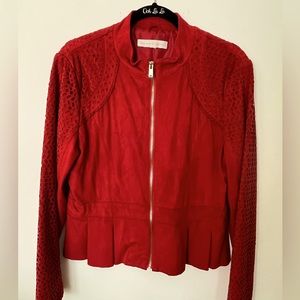 Lightweight Red Faux Suede Jacket, Size Large, Zip Up, Fitted Waist